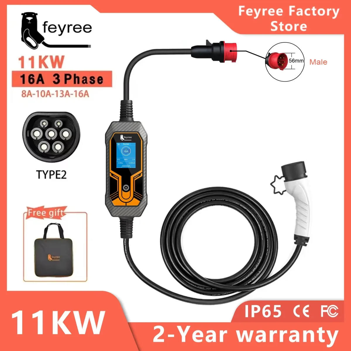 Chargeur portable véhicule électrique 11 kW, câble 5 m